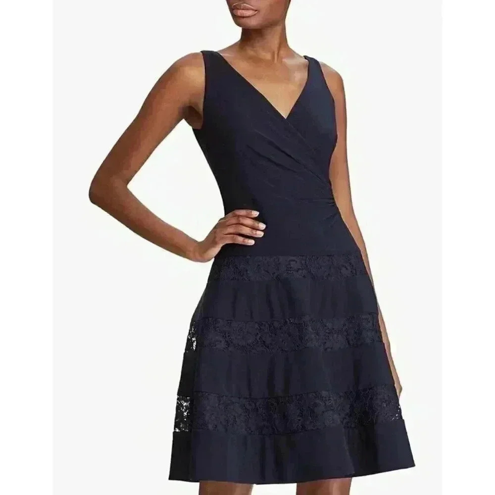 Lauren Ralph Lauren, Womens Landette V-Neck A-Line Party Dress, Navy, 6